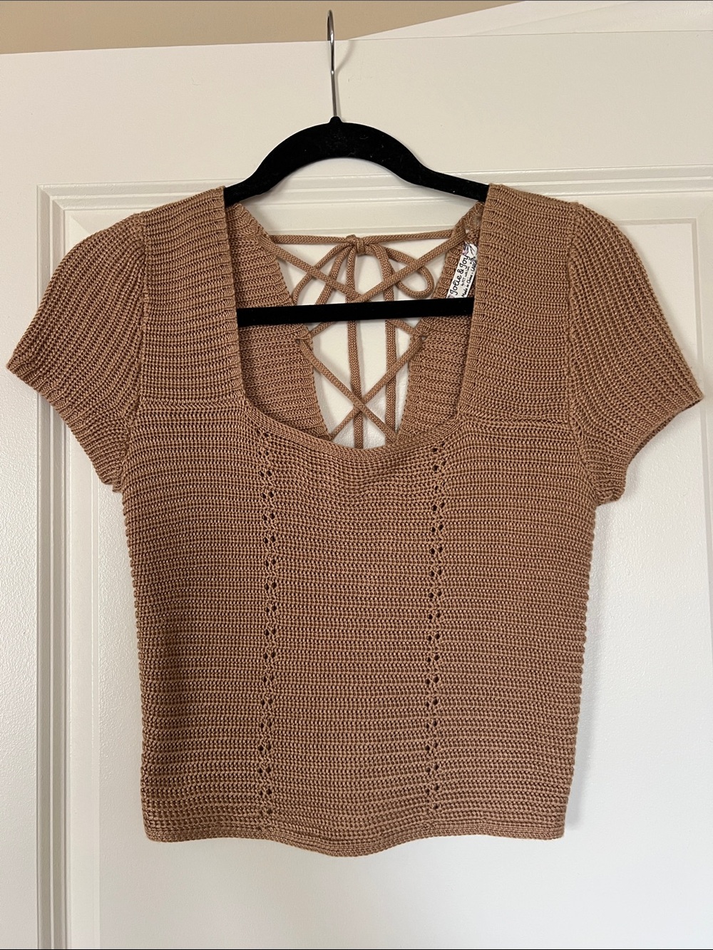 Square Neck Knit Crop Top with Lattice Back - Brown